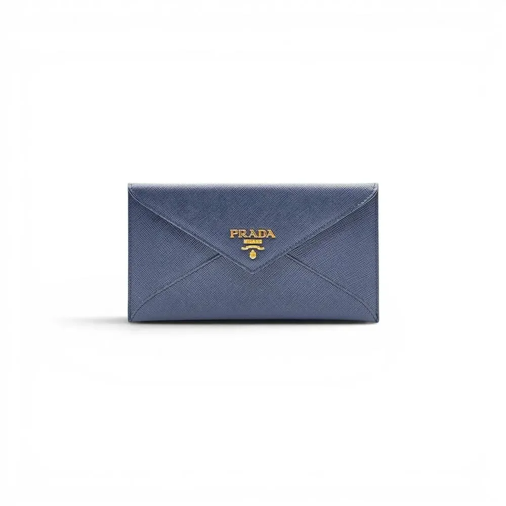 Prada Saffiano Wallet Envelope Blue with Gold Hardware